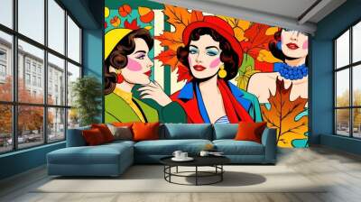 Old illustration of pop art woman in autumn Wall mural