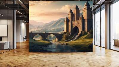 Panoramic wallpaper beautiful view of the castle on the background of the sun Wall mural