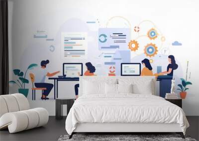 Scene depicting a team of developers working on mobile app development, coding for iOS or Android platforms Wall mural