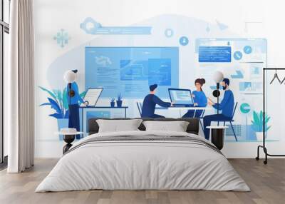 Scene depicting a team of developers working on mobile app development, coding for iOS or Android platforms Wall mural