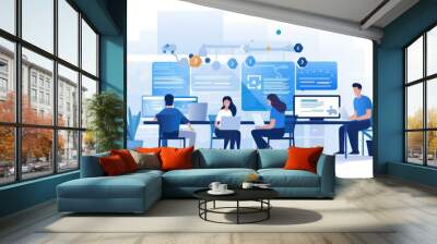 Scene depicting a team of developers working on mobile app development, coding for iOS or Android platforms Wall mural