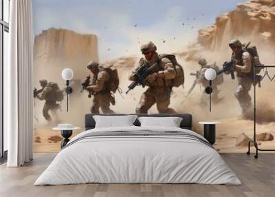 Squad of soldiers conducting a desert patrol, navigating vast sand dunes, rugged terrain, and harsh weather conditions in a hostile environment Wall mural