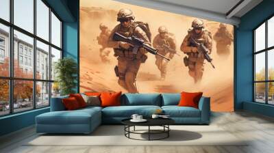 Squad of soldiers conducting a desert patrol, navigating vast sand dunes, rugged terrain, and harsh weather conditions in a hostile environment Wall mural