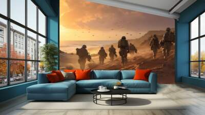 Squad of soldiers conducting a desert patrol, navigating vast sand dunes, rugged terrain, and harsh weather conditions in a hostile environment Wall mural