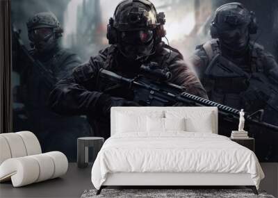 Team of elite special forces soldiers executing a covert mission behind enemy lines, showcasing their tactical skills, advanced weaponry, and stealthy maneuvers Wall mural