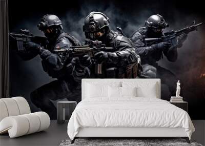 Team of elite special forces soldiers executing a covert mission behind enemy lines, showcasing their tactical skills, advanced weaponry, and stealthy maneuvers Wall mural