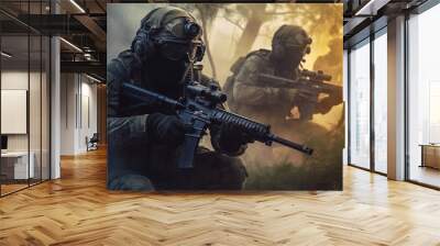 Team of elite special forces soldiers executing a covert mission behind enemy lines, showcasing their tactical skills, advanced weaponry, and stealthy maneuvers Wall mural