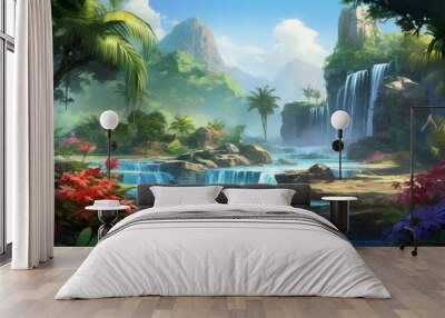 Tropical oasis surrounded by lush vegetation, vibrant flowers, and a magnificent cascading waterfall Wall mural