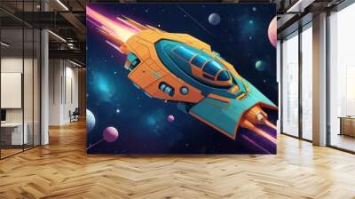 Wallpaper illustration sci-fi spaceship in style low poly fly between planets in space Wall mural