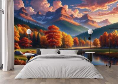 Wallpaper illustration showing beautiful face of autumn colors trees in background with lake and mountains Wall mural