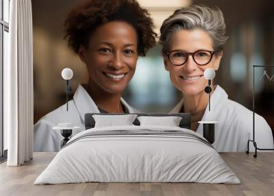 Two female medical professionals, doctors or nurses, stand together in hospital, clinical facility. They are both wearing white lab coats and smiling at camera. Wall mural