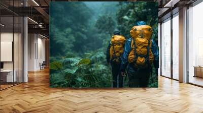 Young couple on forest trail with backpacks Wall mural