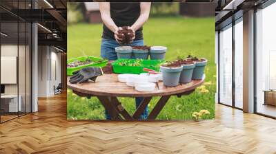 Young man is so happy planting herbs and flowers in pots, his favorite activity. It was the start of a beautiful day with delicious herbs and flowers in his pots, filled with rich soil Wall mural