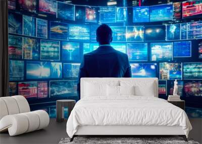 Adult Business Man In A Dark Jacket In An Empty Room In Front Of A Wall With Many News Screens Created Using Artificial Intelligence Wall mural