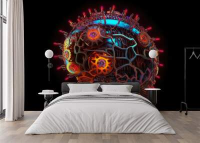 Neon Mechanical Brain With Wires And Iron Elements Created With The Help Of Artificial Intelligence On A Black Background Wall mural