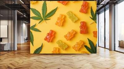 cbd gummies and leaves on yellow background  Wall mural