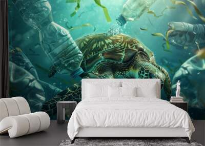 sea turtle swimming among plastic pollution  Wall mural