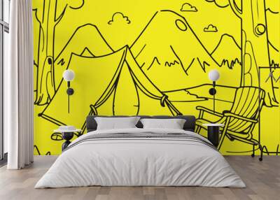 camping site black  line art Wall mural