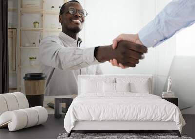 African american businessman shaking hands with colleague, finishing up meeting in office. Handshake or deal concept. Wall mural