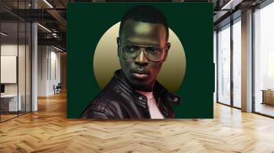 African american gangster in golden retro 80s glasses and black leather jacket looking away Wall mural