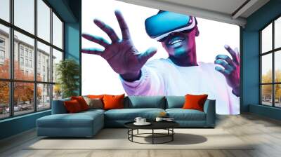 African man in vr glasses, playing video games with virtual reality headset, trying to touch metaverse Wall mural