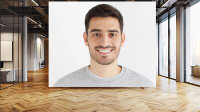 Close-up daylight portrait of young smiling handsome man isolated on gray background Wall mural