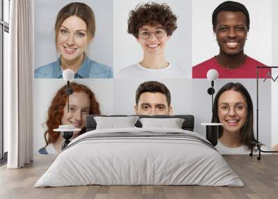 Collage of portraits and faces of multiracial millennial group of various smiling young people, good use for userpic and profile picture. Diversity concept Wall mural