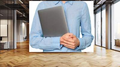 Cute career consultant standing with gray laptop in hands Wall mural