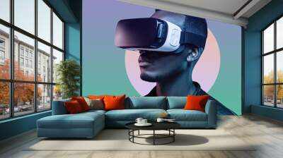 Dark ethnicity guy wearing vr headset playing popular video games in goggles with friends Wall mural