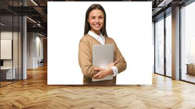 Female college student smiling at camera, holding laptop ready to go to studies Wall mural