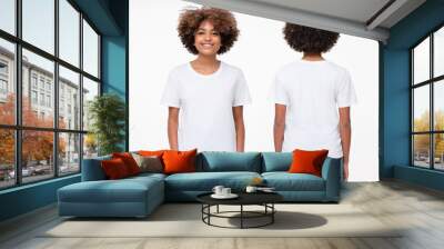 Front and back view of african american girl wearing blank t-shirt with copy space, isolated on white background Wall mural