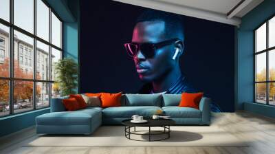 Neon portrait of African American man wearing wireless earphones and leather jacket Wall mural