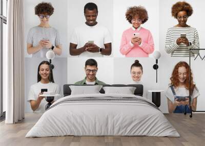 Phone people set. Group of smiling diverse men and women texting with smartphones Wall mural