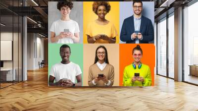 Portrait collection of many happy men and women using smartphone. Young multiethnic group of people with mobile phones Wall mural