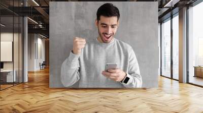 Portrait of excited young man looking at smartphone isolated on gray background. Winner concept Wall mural