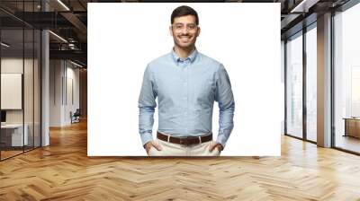 Smart businessman smiling at camera, wearing trendy transparent glasses Wall mural