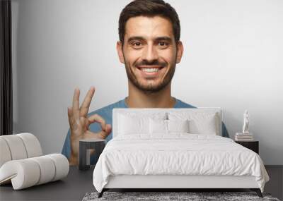 Young smiling man having happy look, gesturing, showing OK sign or showing okay gesture with his fingers Wall mural