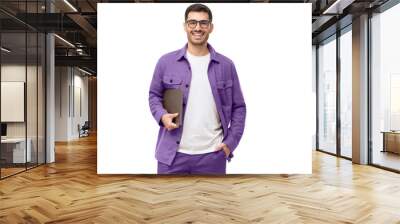 Young smiling modern man or male teacher holding laptop Wall mural