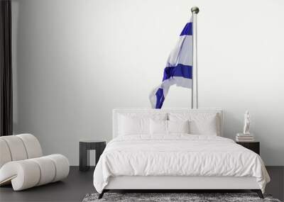 An Israel flag flapping in the wind isolated on white background. The flag is in white and blue colors with the star of David. The flag is posted on a pole high in the sky. Wall mural