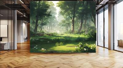 anime cartoon style woodland forest background banner, generated ai Wall mural