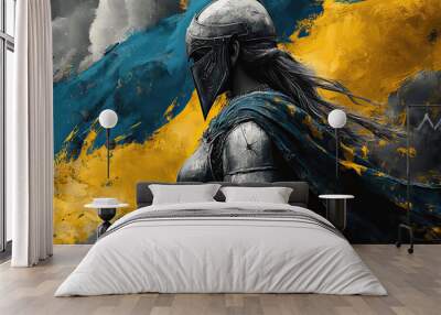 Armored Female Warrior with Ukrainian Flag Cape - AI Generated Wall mural