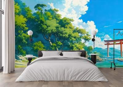 Japan landscape, Japanese landscapes illustration backdrop background, cartoon anime style beautiful views, generated ai Wall mural