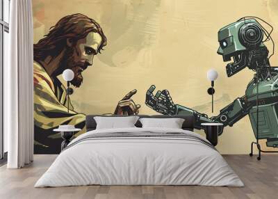 Jesus with AI future robot, artificial intelligence futuristic Bible art, religious robots, generated ai Wall mural