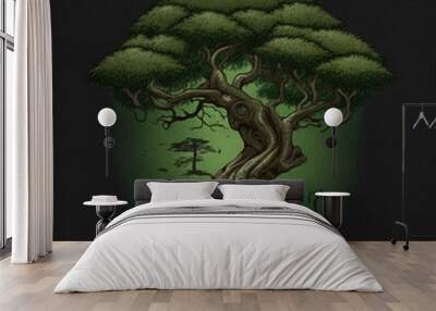 Mysterious illustration of the tree of life with a thick trunk isolated on a black background Wall mural