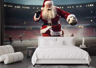 many santa claus running on football stadium.senior man with ball on hand level,generative ai,crazy nervous santa.merry christmas Wall mural