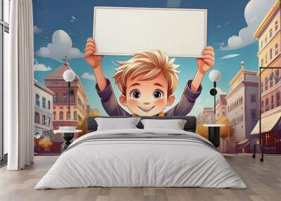 boy holding up a blank sign Wall mural