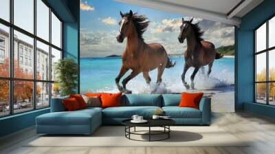 two horses running on the beach Wall mural