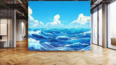 Ocean waves background, blue white oceans backdrop sea horizon seascape illustration, wave tide, generated ai Wall mural