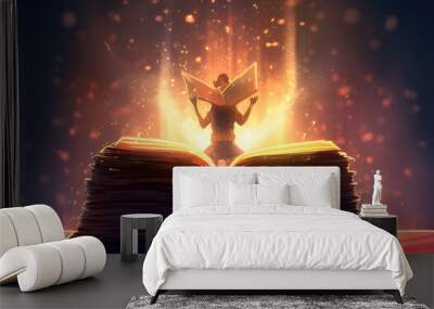 realistic style kid sitting with back from camera in front in middle of big enormous open book and magic light rising from book generative ai Wall mural