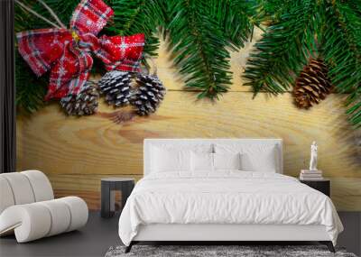 Christmas background with green fir branch and pine cones Wall mural